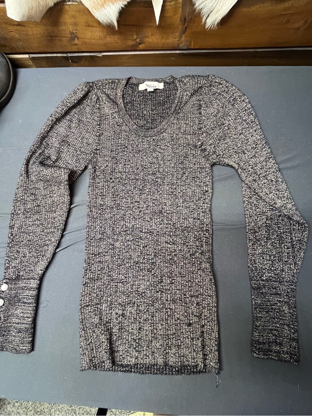 LOFT Black and gold Marled Ribbed Crew Sweater with pearl Button Cuffs